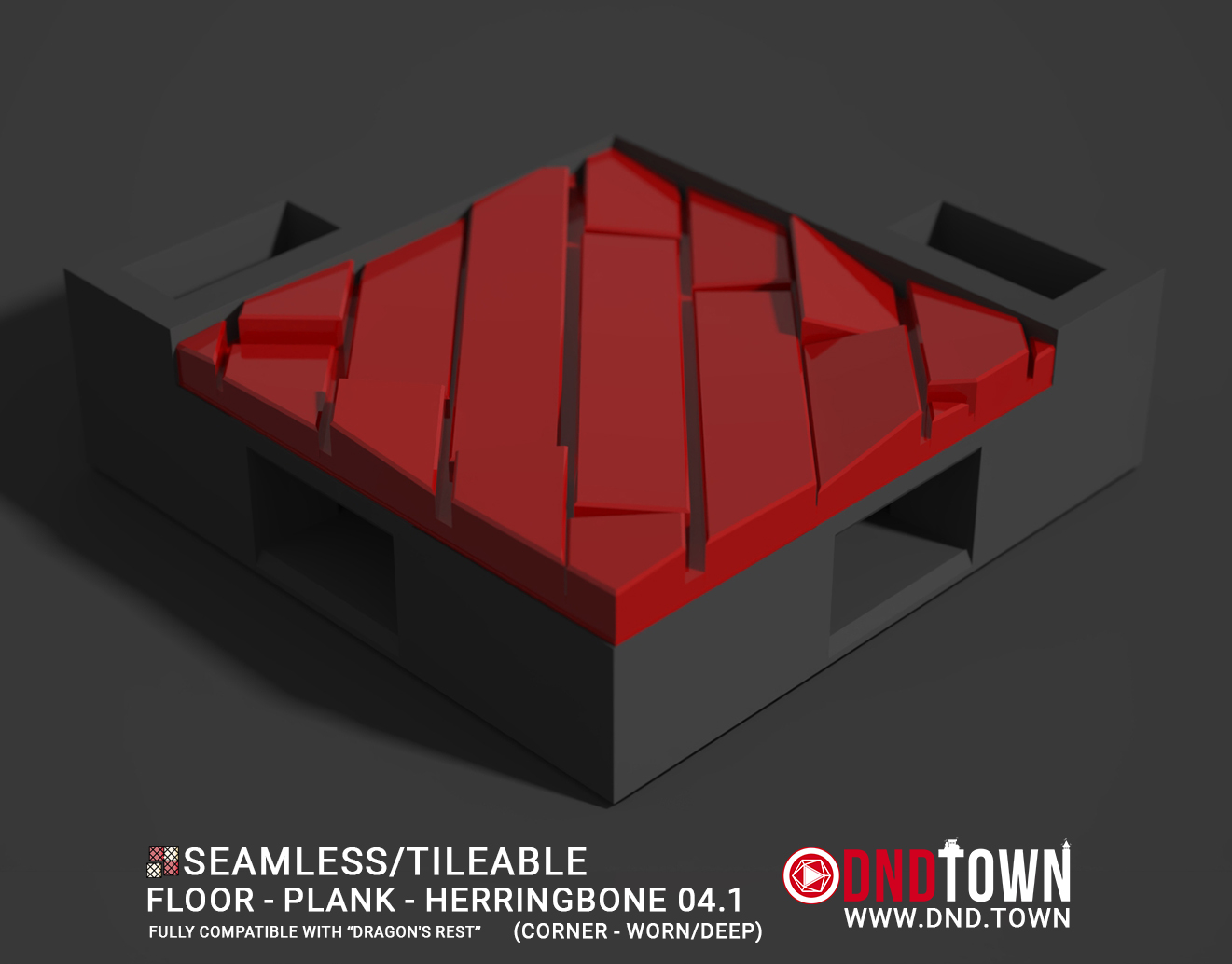 Floor - Plank - Herringbone - Wall Corner 04.1 (WORN/DEEP) - 3D Modular Dungeon Tile - DnD Town Minis (www.dnd.town)